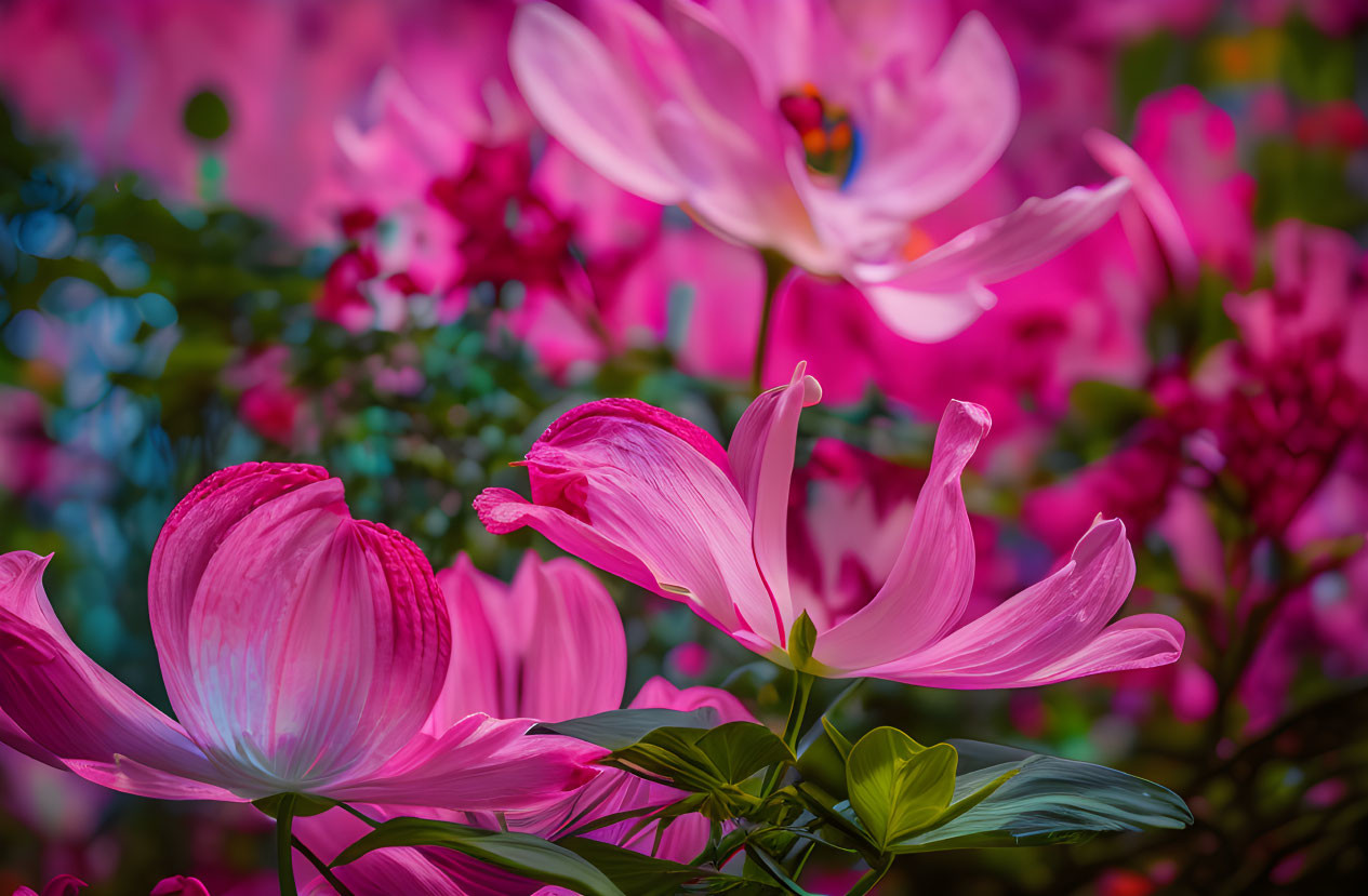 Bright pink flowers on blurred magenta and green backdrop