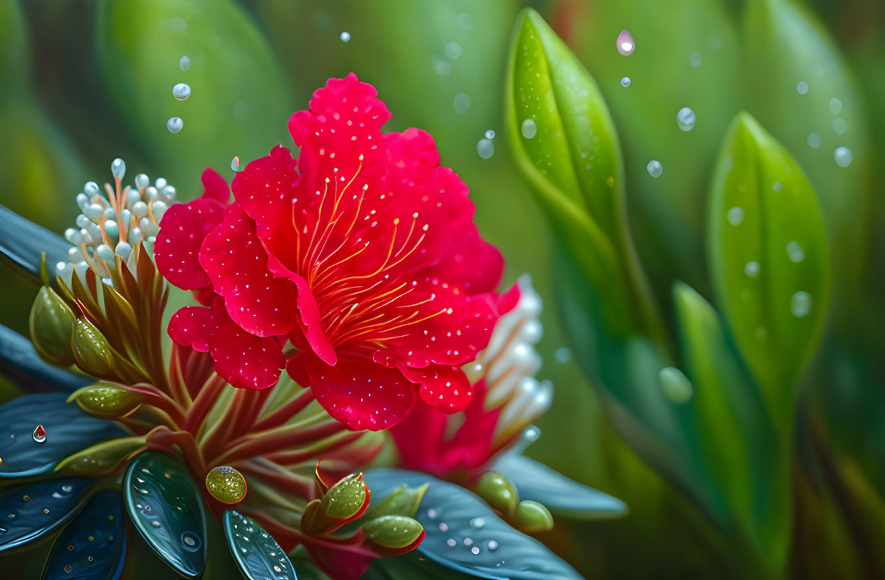 Bright red flowers with water droplets, green leaves, and moisture dots.