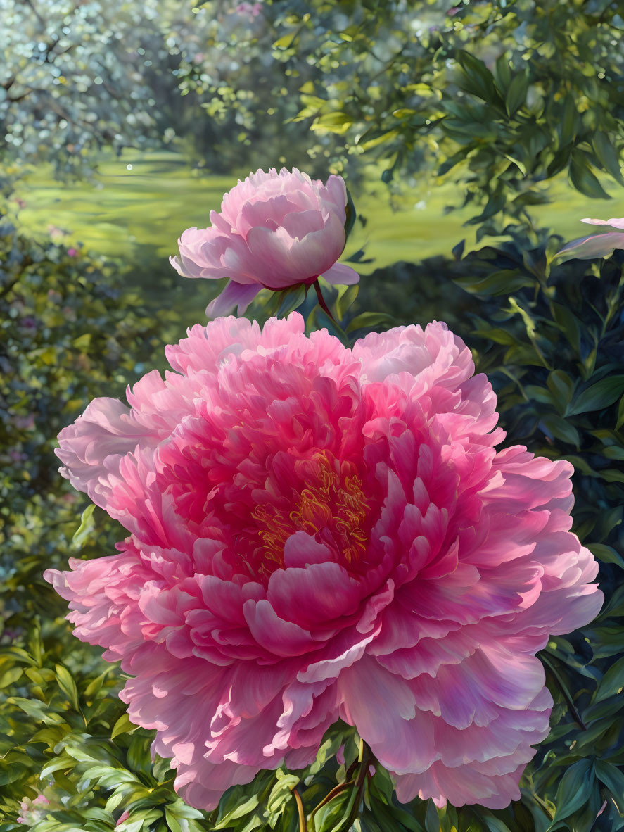 Lush pink peonies in full bloom with green foliage in a serene spring garden