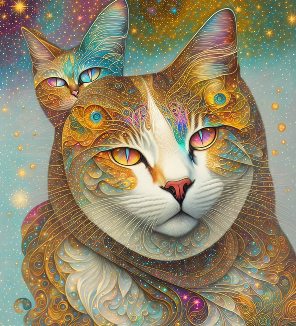 Colorful stylized cat art with cosmic background and intricate patterns