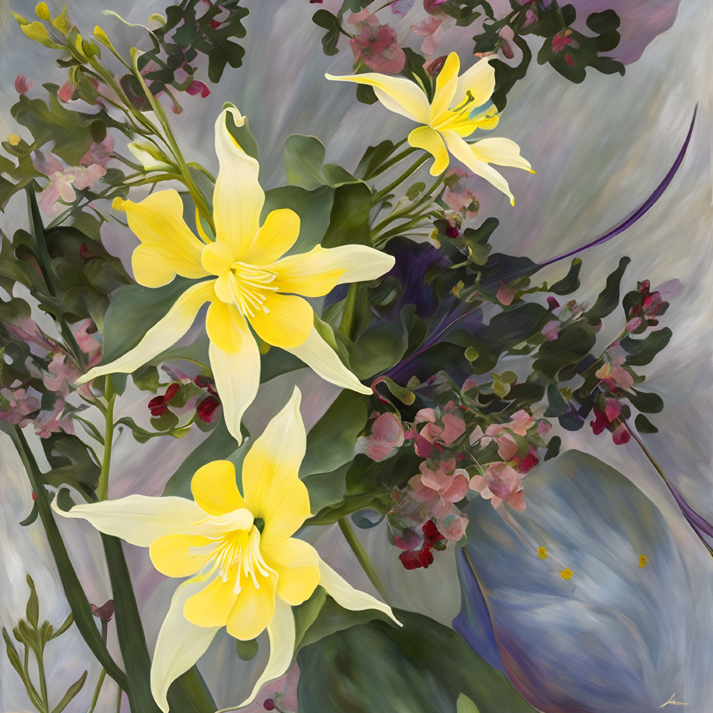 Detailed Yellow Lilies and Pink Blossoms on Gray Background