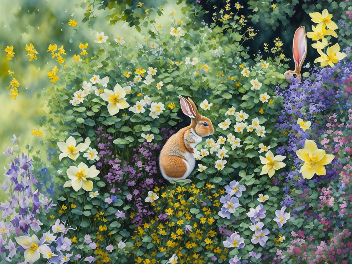 Colorful painting: Two rabbits in lush garden with yellow and purple flowers