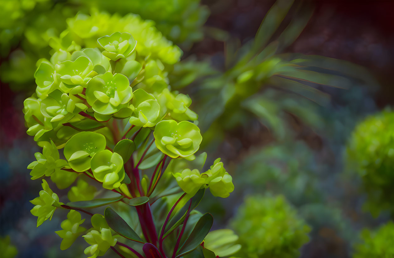 Vibrant green succulent with fleshy leaves on stem against foliage background