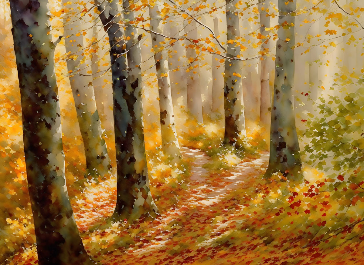 Vibrant autumn forest scene with narrow path and colorful leaves