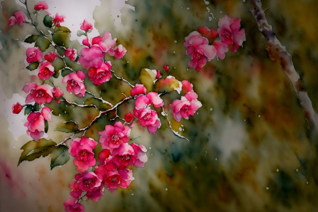 Vibrant pink flowers on branch in watercolor art