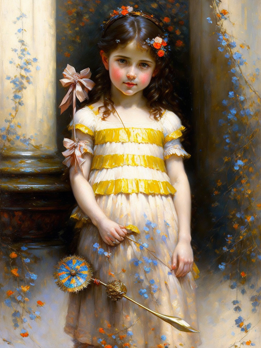 Young girl portrait in yellow dress with floral hair accessory, holding wand and toy against floral background