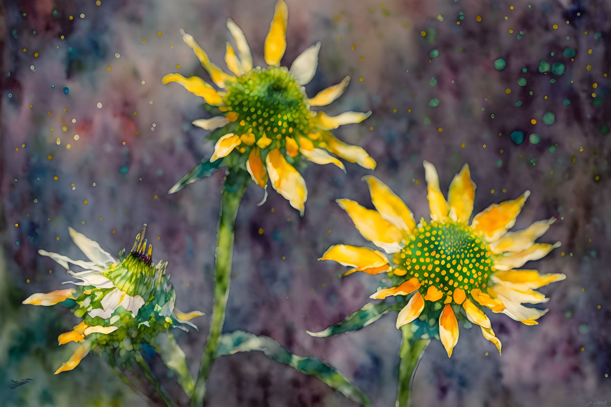 Vibrant watercolor sunflowers on colorful speckled background