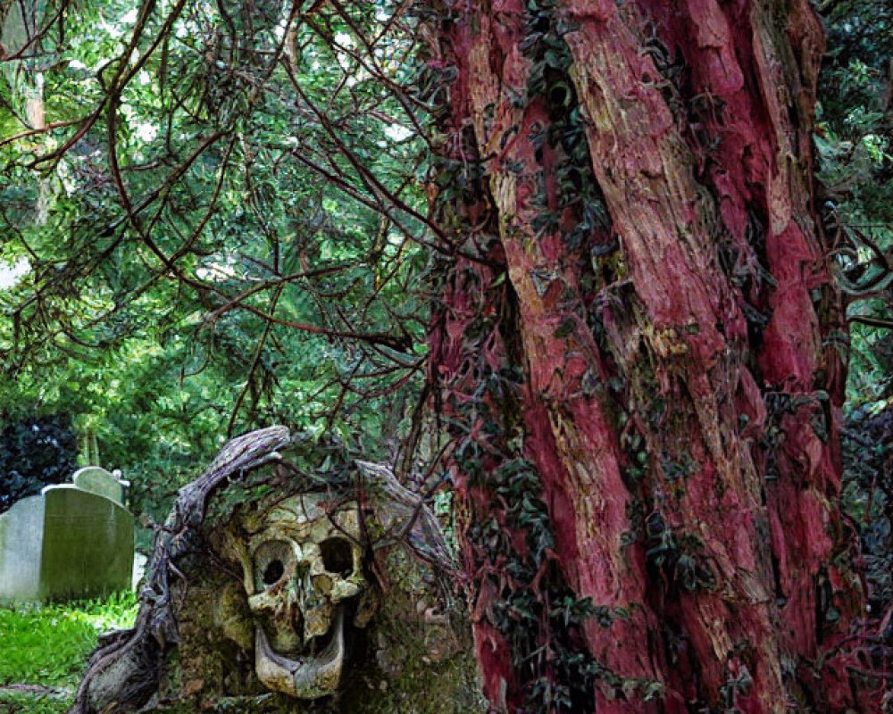 Skull embedded in gravestone with inscriptions in serene cemetery setting