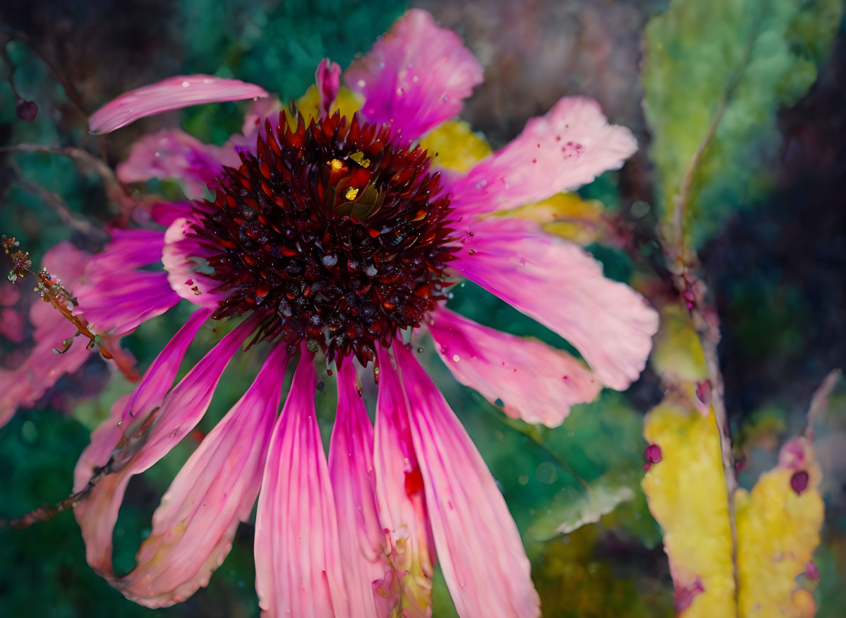 Pink flower with brown center and water droplets on petals against green and yellow foliage