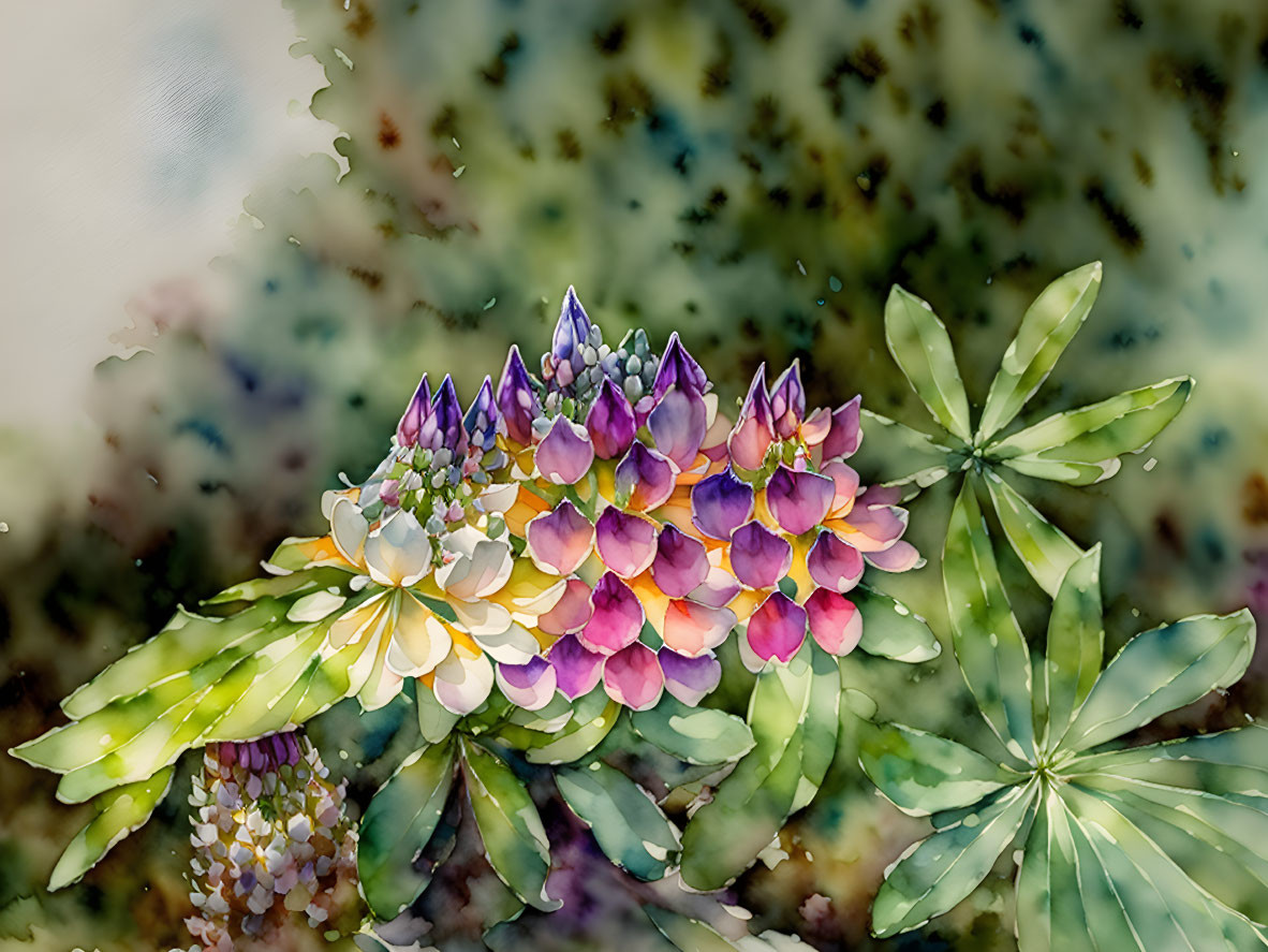 Vibrant watercolor painting of purple and yellow lupine flowers in green foliage.