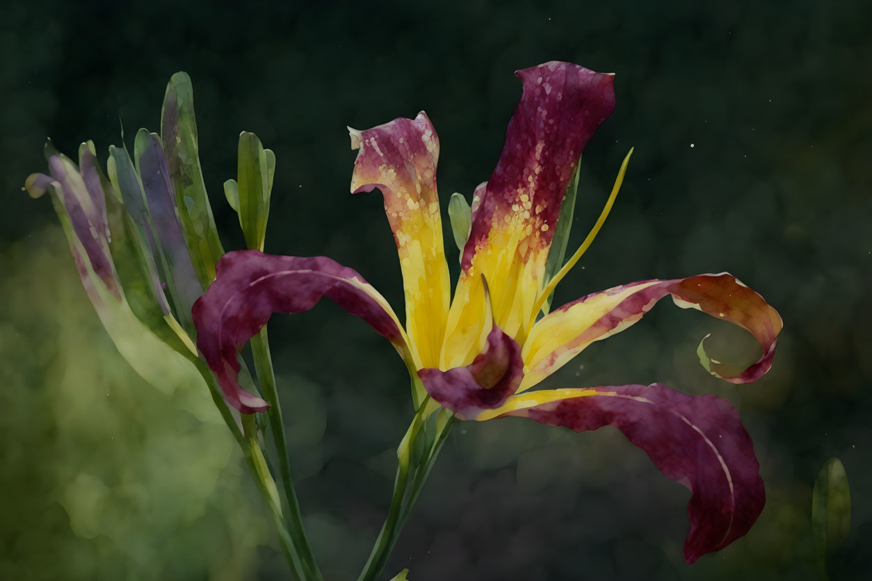 Fading yellow and purple flower with withering petals on blurred green backdrop