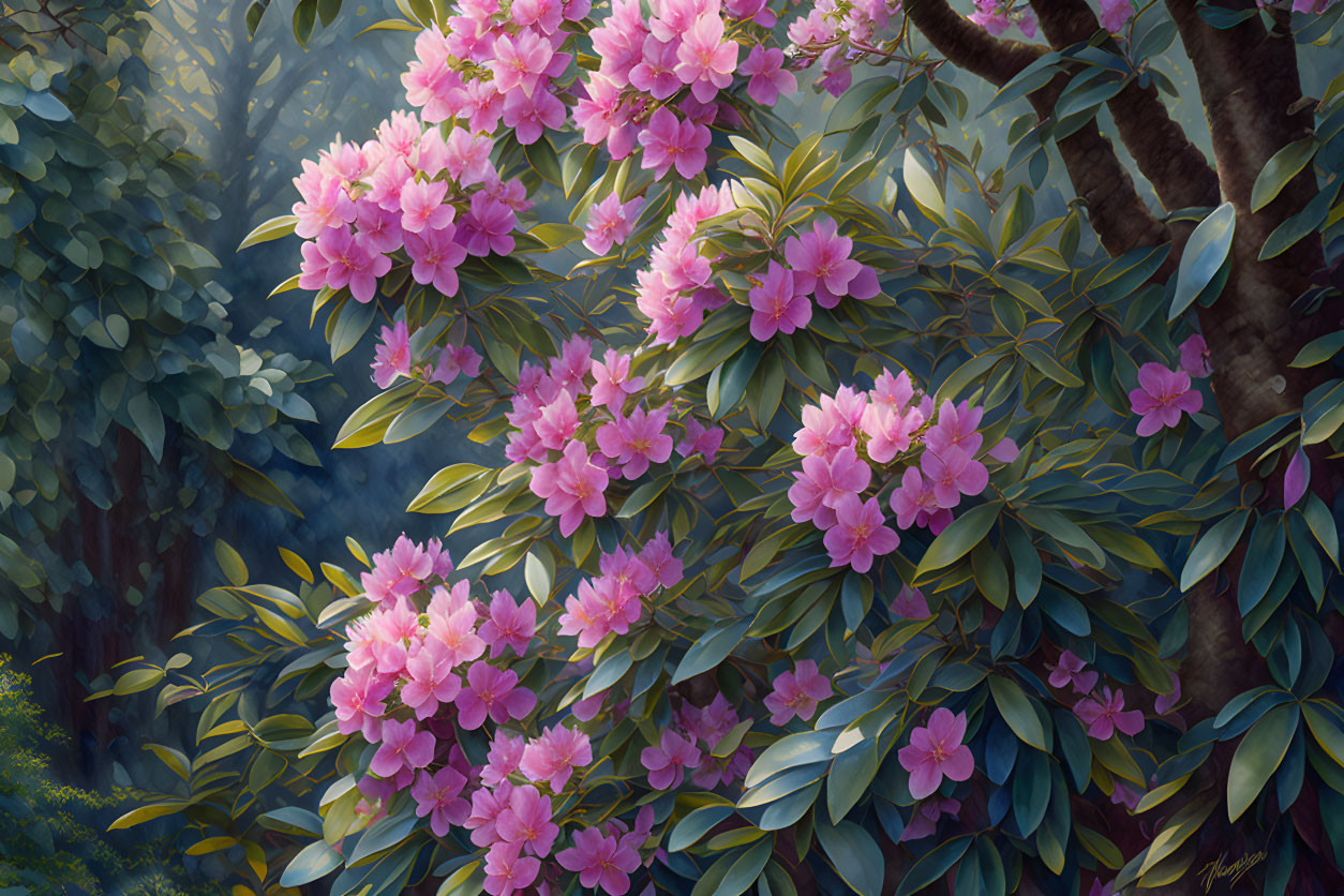 Pink Rhododendron Flowers in Sunlit Forest Scene