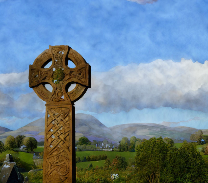 Celtic Cross on Clear Day with Clouds and Hills