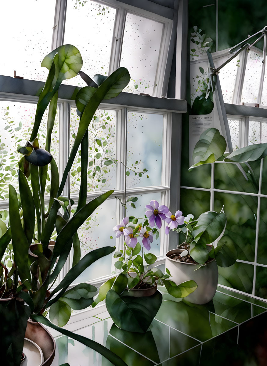 Tranquil indoor garden with lush plants and rain droplets reflection