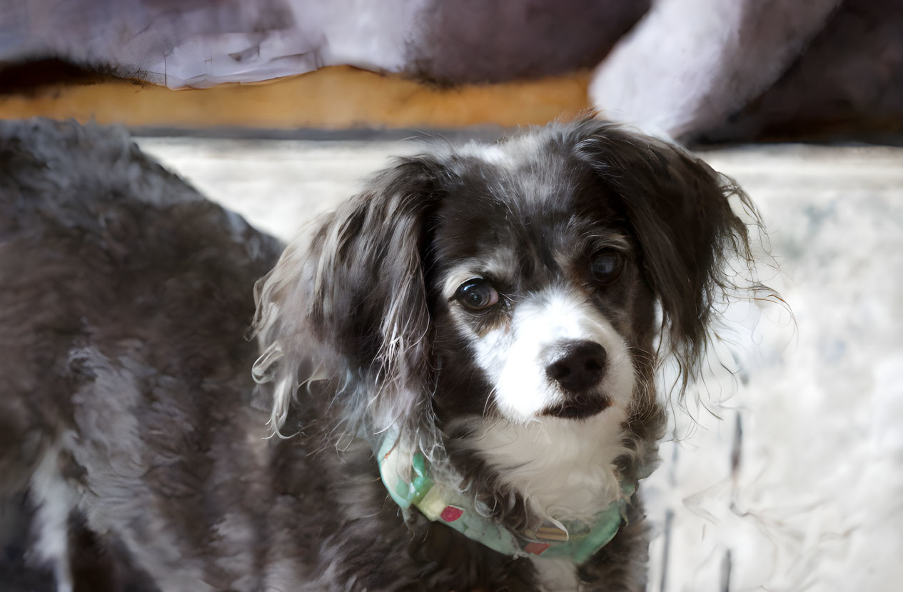 Black and white fluffy dog with bandana on plush surface