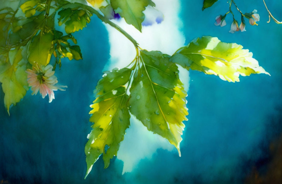 Green Leaves with Yellow Edges on Blue Turquoise Background