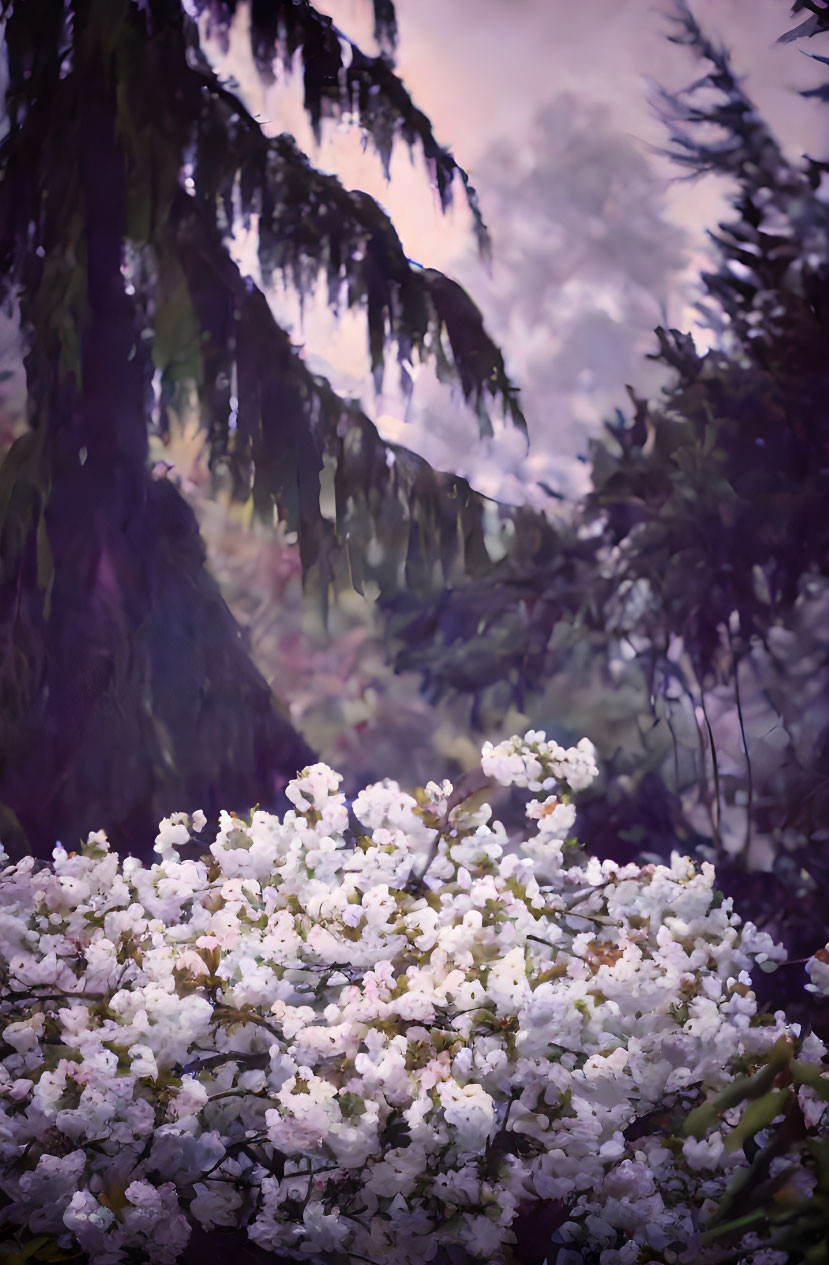 White Blossoms in Dreamy Landscape with Evergreen Branches and Pink Sky