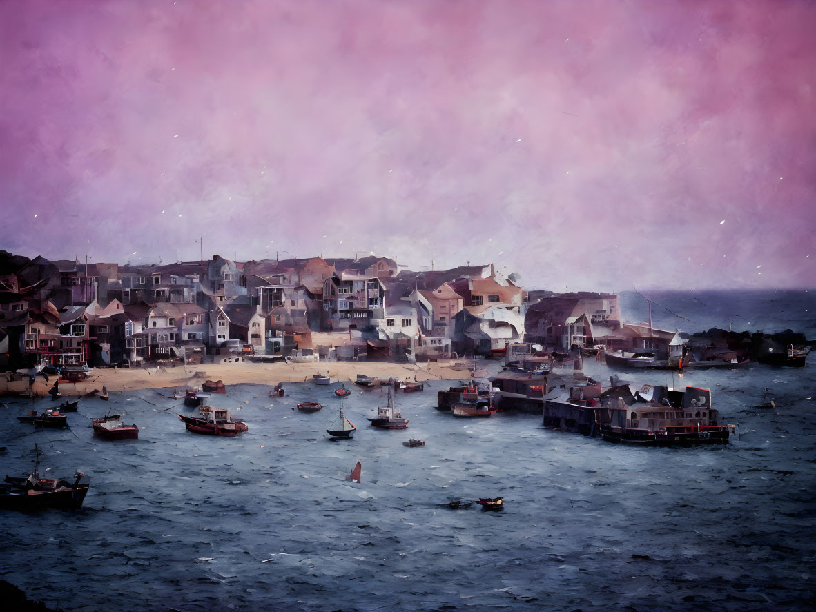 Vibrant coastal village painting with boats and houses under pink sky