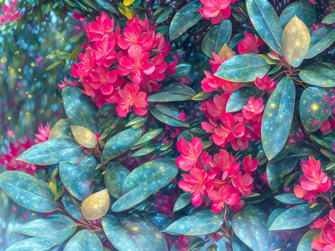 Pink Flowers and Speckled Leaves on Bokeh Light Background