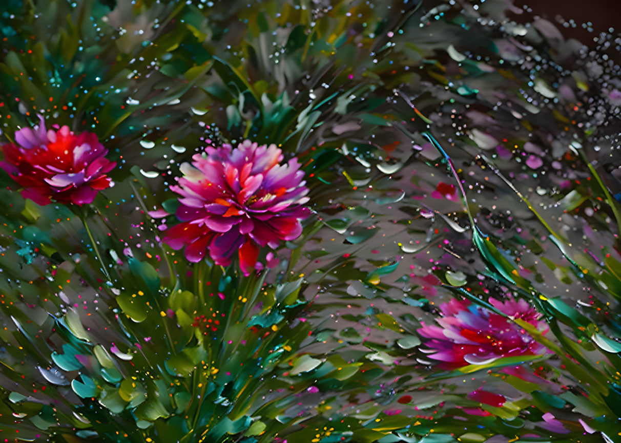 Colorful digital flowers in splash-effect on dark background