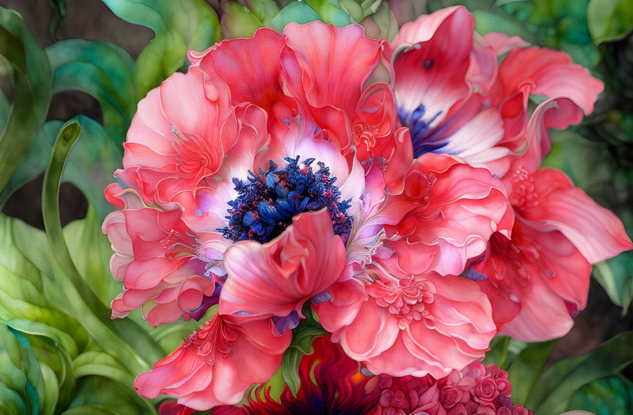 Detailed macro image of vibrant pink and red poppy flower with blue stamen and green foliage