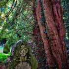 Skull embedded in gravestone with inscriptions in serene cemetery setting