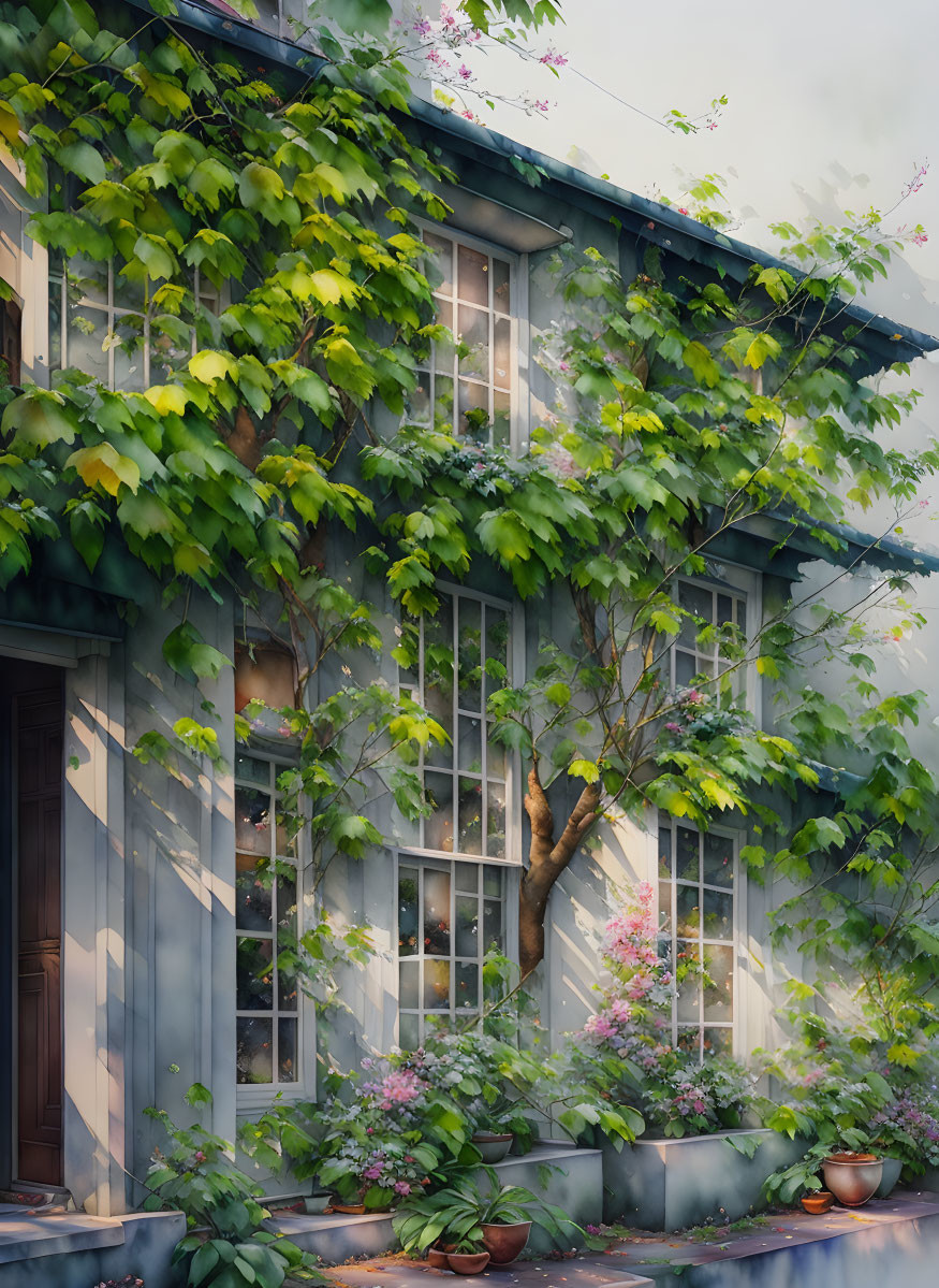 Charming house with large windows and green vines in soft light