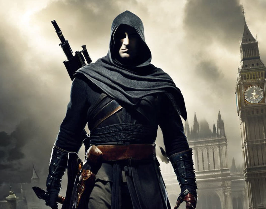 Cloaked figure with swords at Big Ben in ominous setting