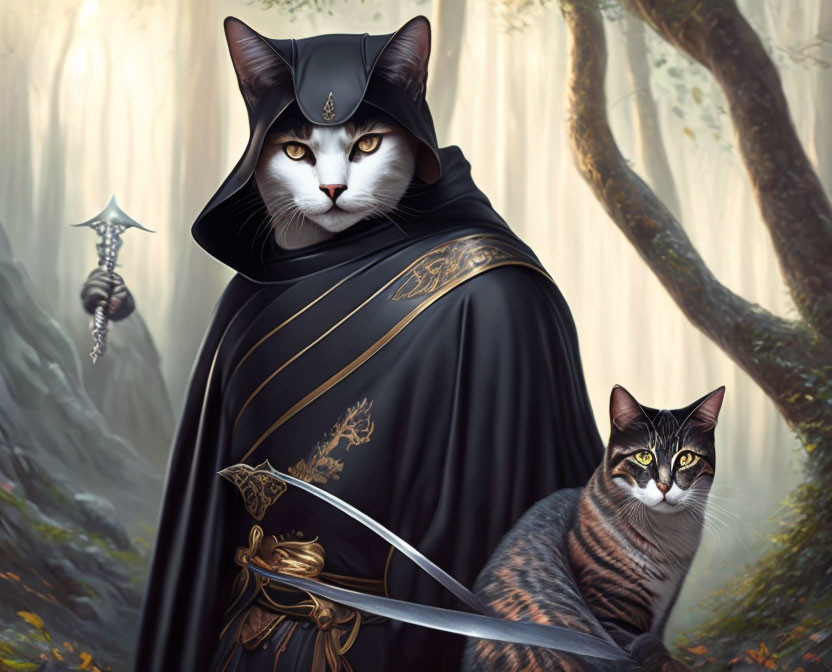 Fantasy illustration of two cat warriors in misty forest