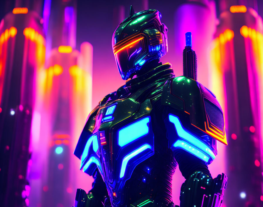 Futuristic armored robot with neon lights in cityscape