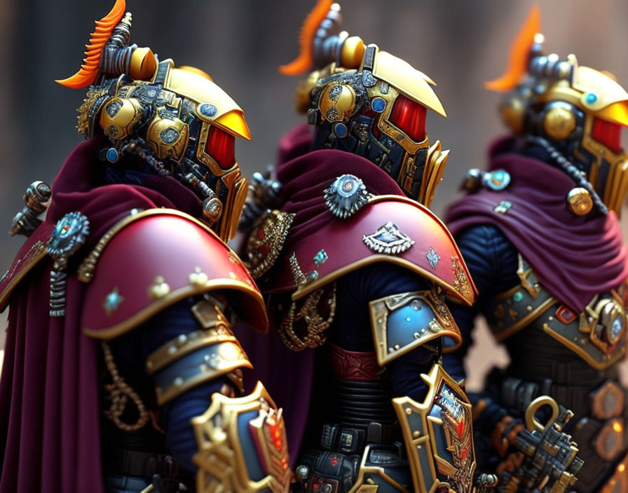 Three futuristic knights in ornate armor with red capes and intricate golden helmets.