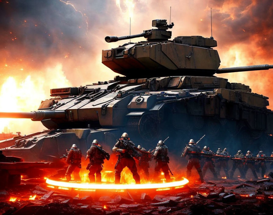 Futuristic soldiers with hovering tank in fiery apocalypse