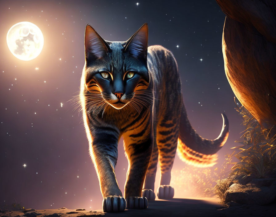 Oversized tabby cat under starry night sky with full moon