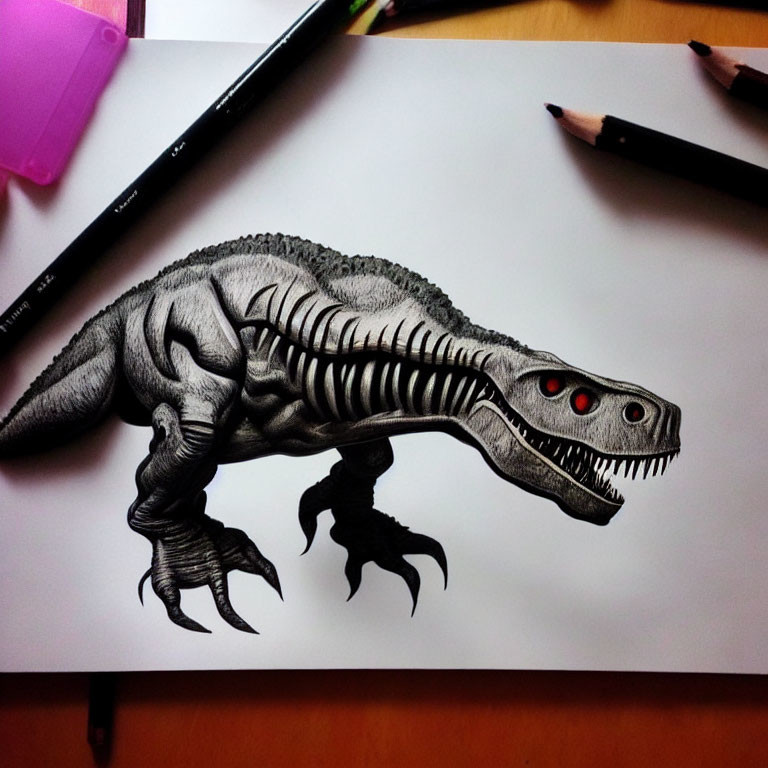 Realistic 3D anamorphic dinosaur drawing with red-eyed effect on paper