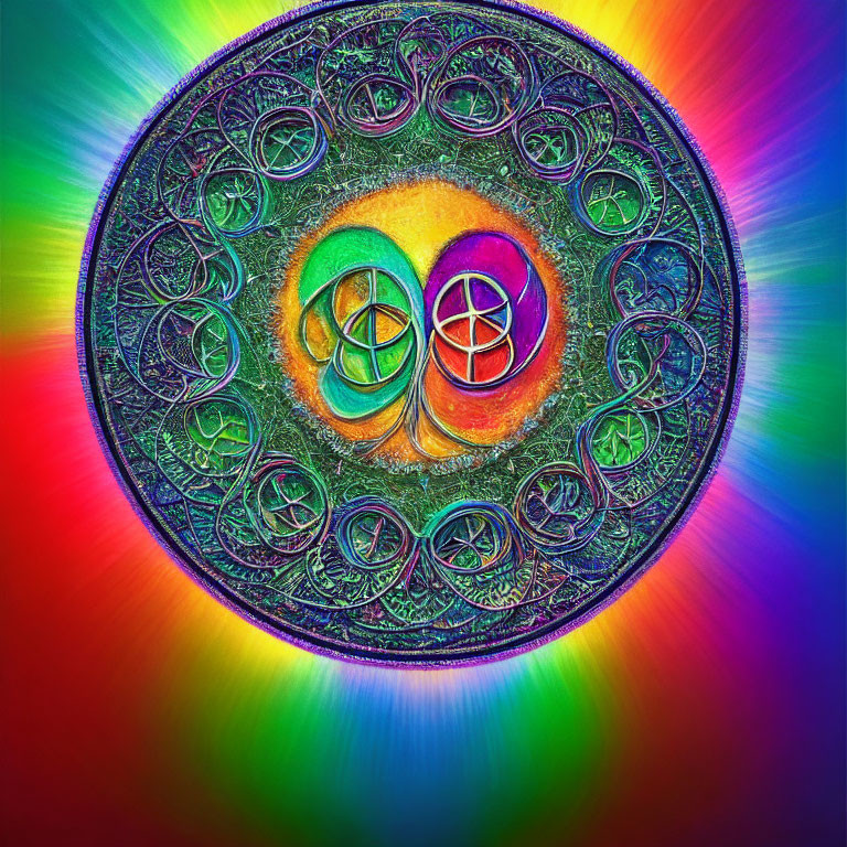 Colorful Celtic Knot Mandala on Rainbow Background