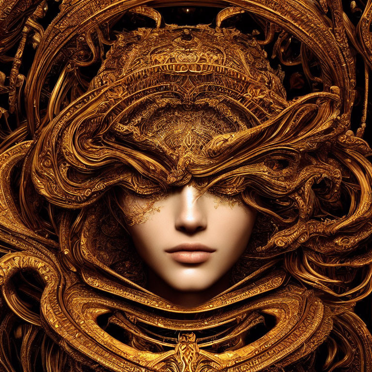 Intricate golden filigree frames woman's face in elaborate headpiece