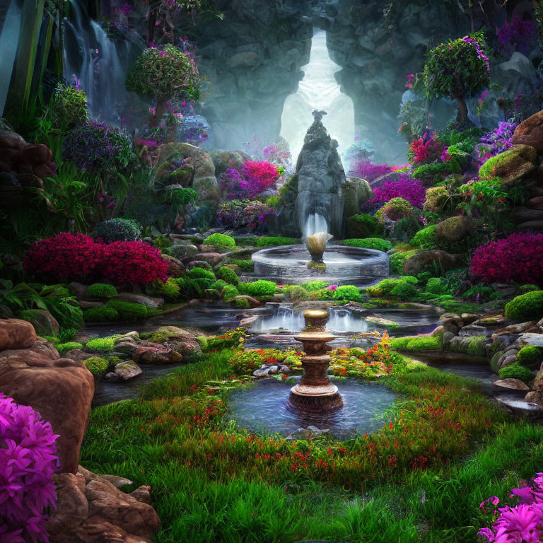 Vibrant flower garden with waterfalls and tiered fountain