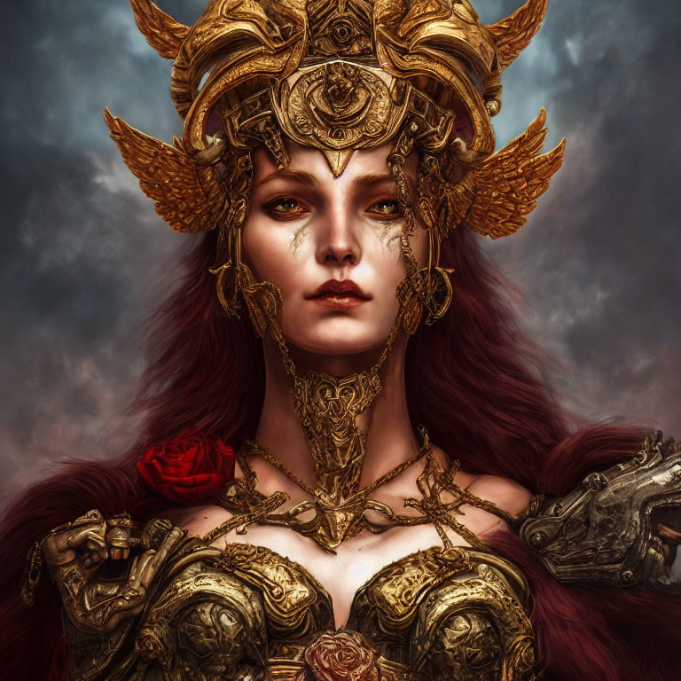 Fantasy portrait of woman in golden helmet and armor with rose in hand