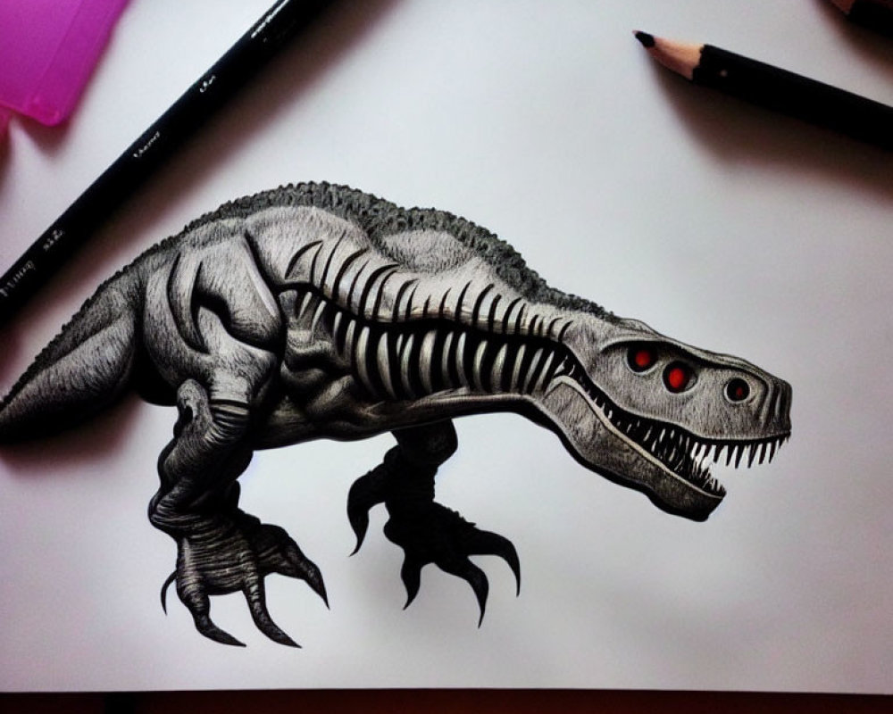 Realistic 3D anamorphic dinosaur drawing with red-eyed effect on paper