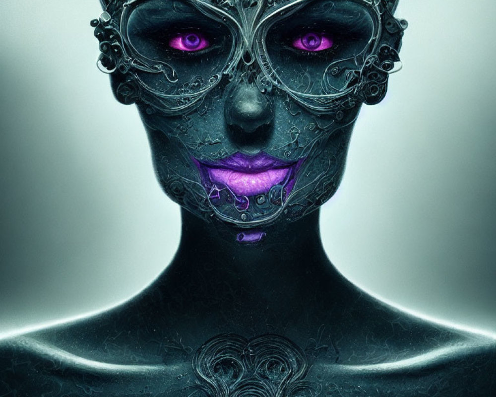 Digital Artwork: Humanoid Figure with Metallic Filigree Mask and Purple Eyes