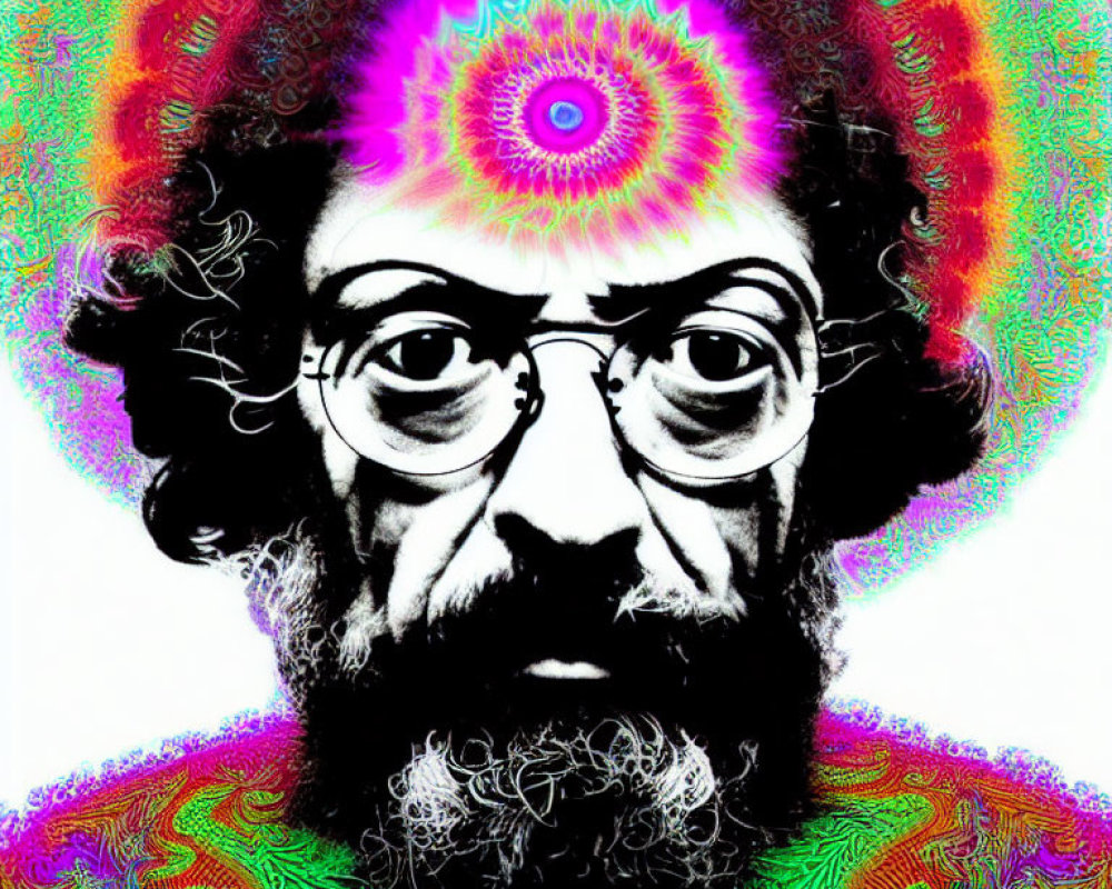 Colorful Psychedelic Portrait with Glasses and Bushy Beard in Vibrant Surroundings