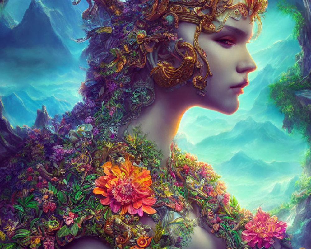 Fantasy portrait of woman with floral and vine adornments in ethereal landscape