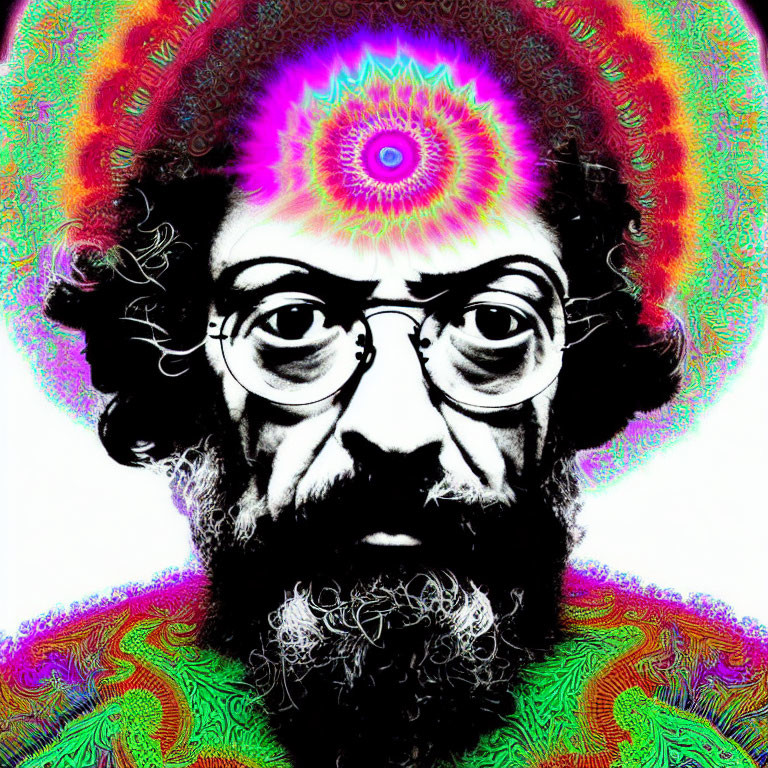 Colorful Psychedelic Portrait with Glasses and Bushy Beard in Vibrant Surroundings