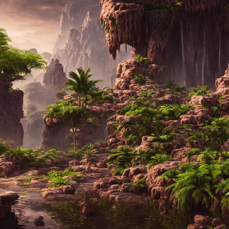 Tranquil Tropical Landscape with Waterfalls and Palm Trees