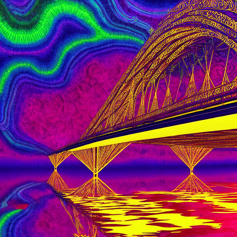 Psychedelic digital artwork of ornate bridge over rippling water