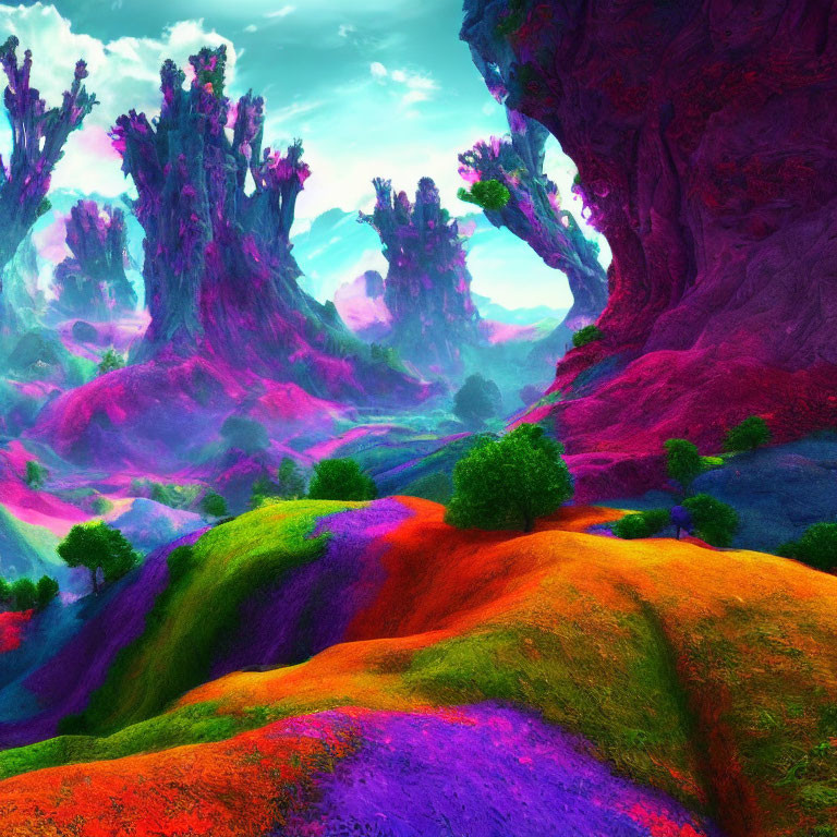 Colorful Alien Landscape with Fantastical Flora and Undulating Terrain