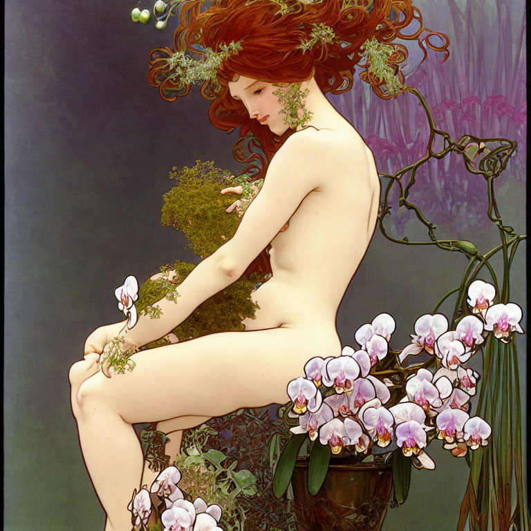 Art Nouveau Style Nude Woman Illustration with Red Hair and Floral Motifs