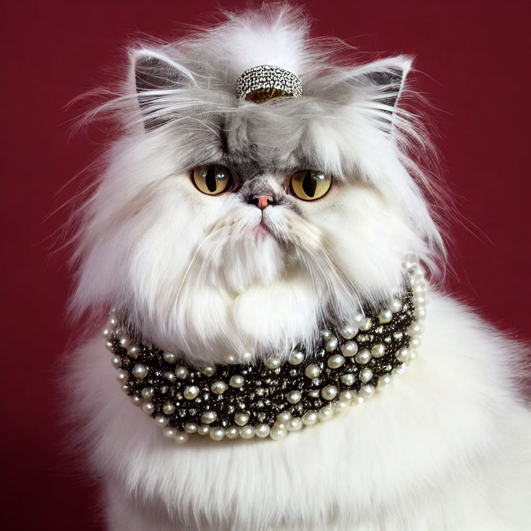 White Persian Cat Wearing Pearl Necklace and Diamond Tiara on Red Background