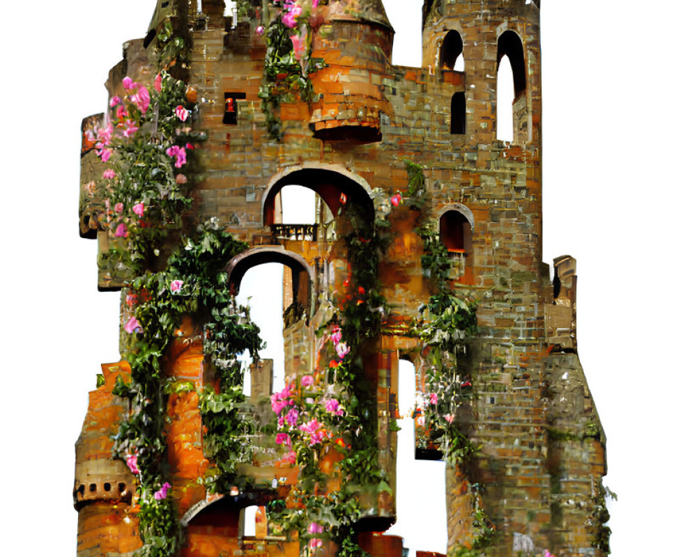 Medieval tower ruins with overgrown foliage and flowers on white background