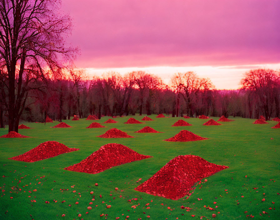 Surreal landscape with red mounds, green fields, and purple-pink sky